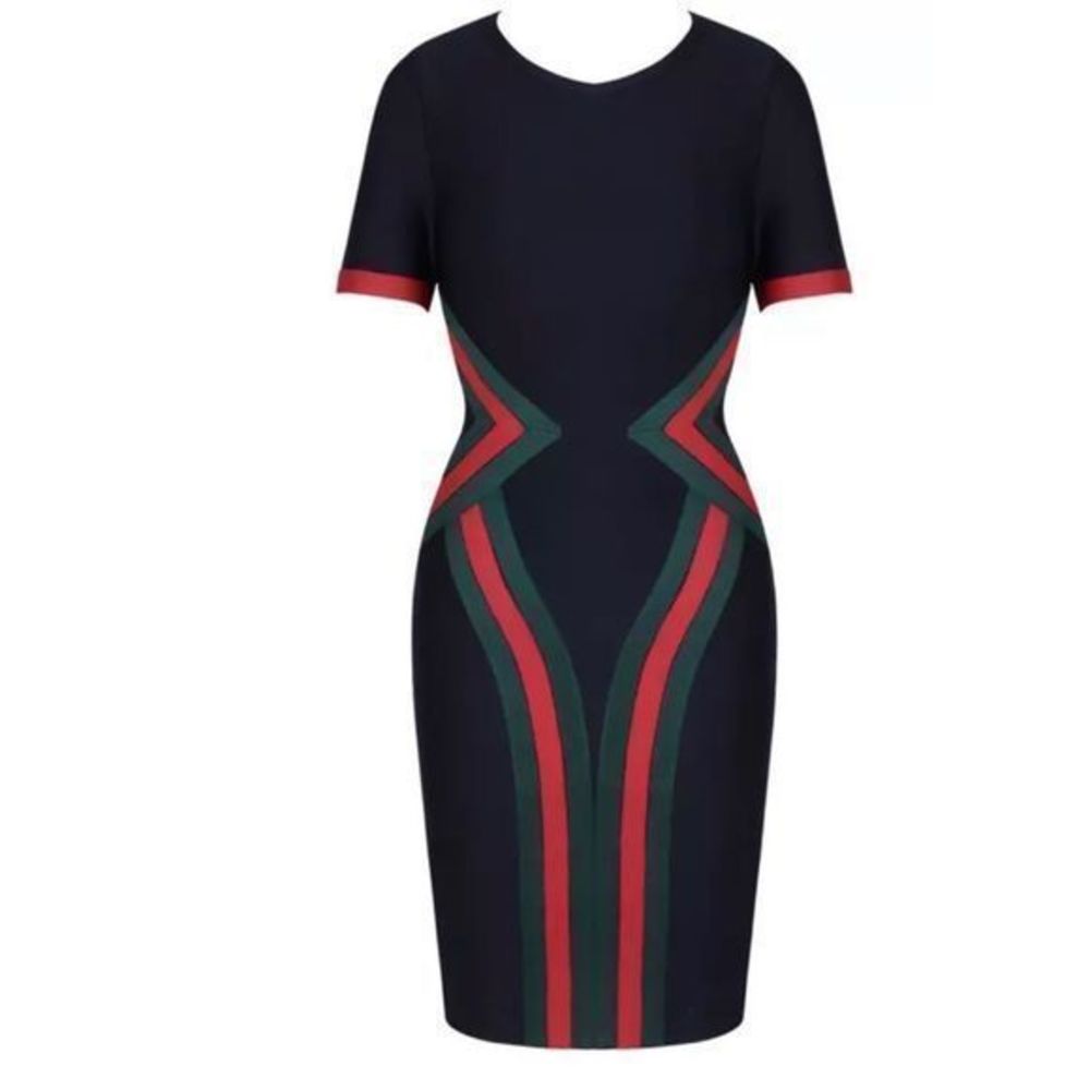 Elegant Black Dress with Red and Green Accents